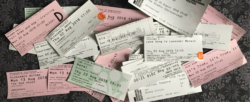 A whole bunch of theatre tickets lying in a pile 