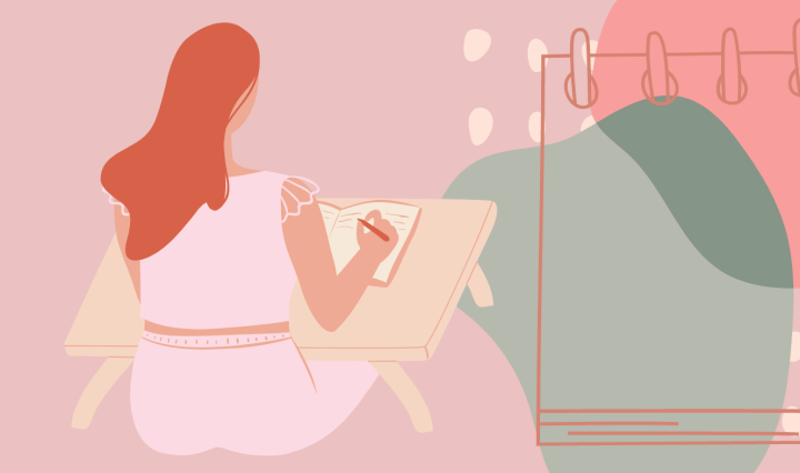 Animation of a woman sitting at a desk and writing in a notebook