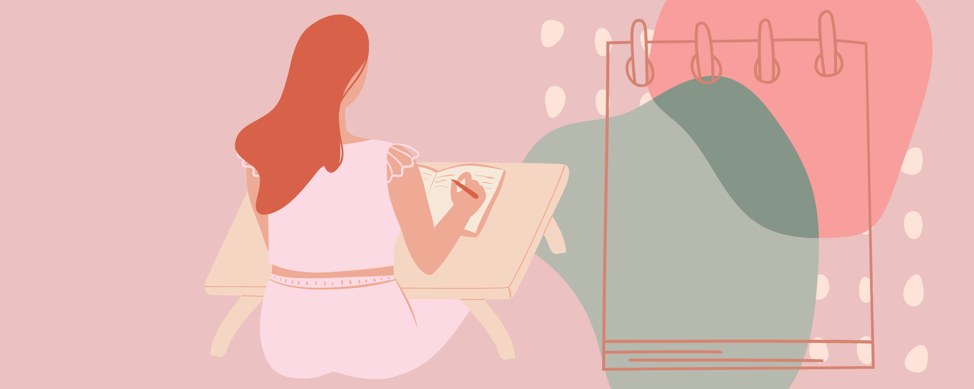 Animation of a woman sitting at a desk and writing in a notebook