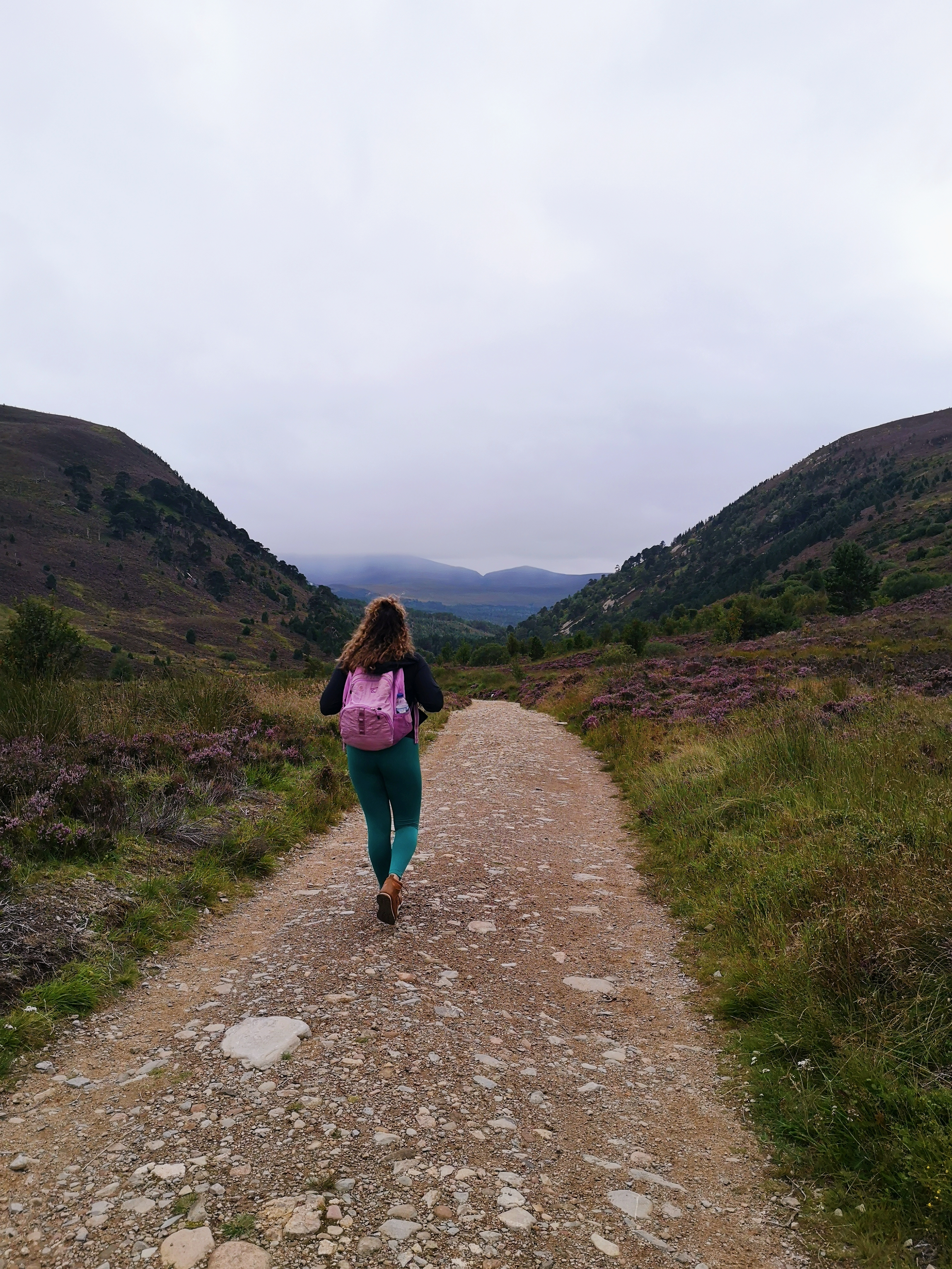A woman walks down a path between hills, there is purple heather plants either side of the path