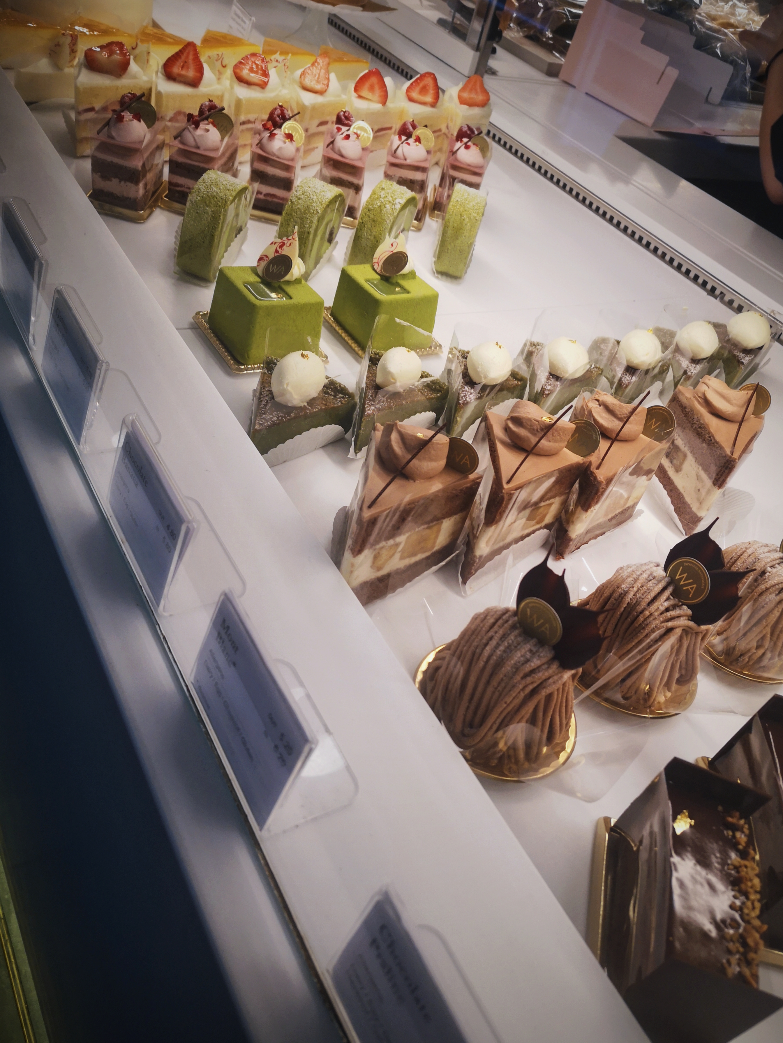 Rows of different coloured beautiful little cakes in a glass case