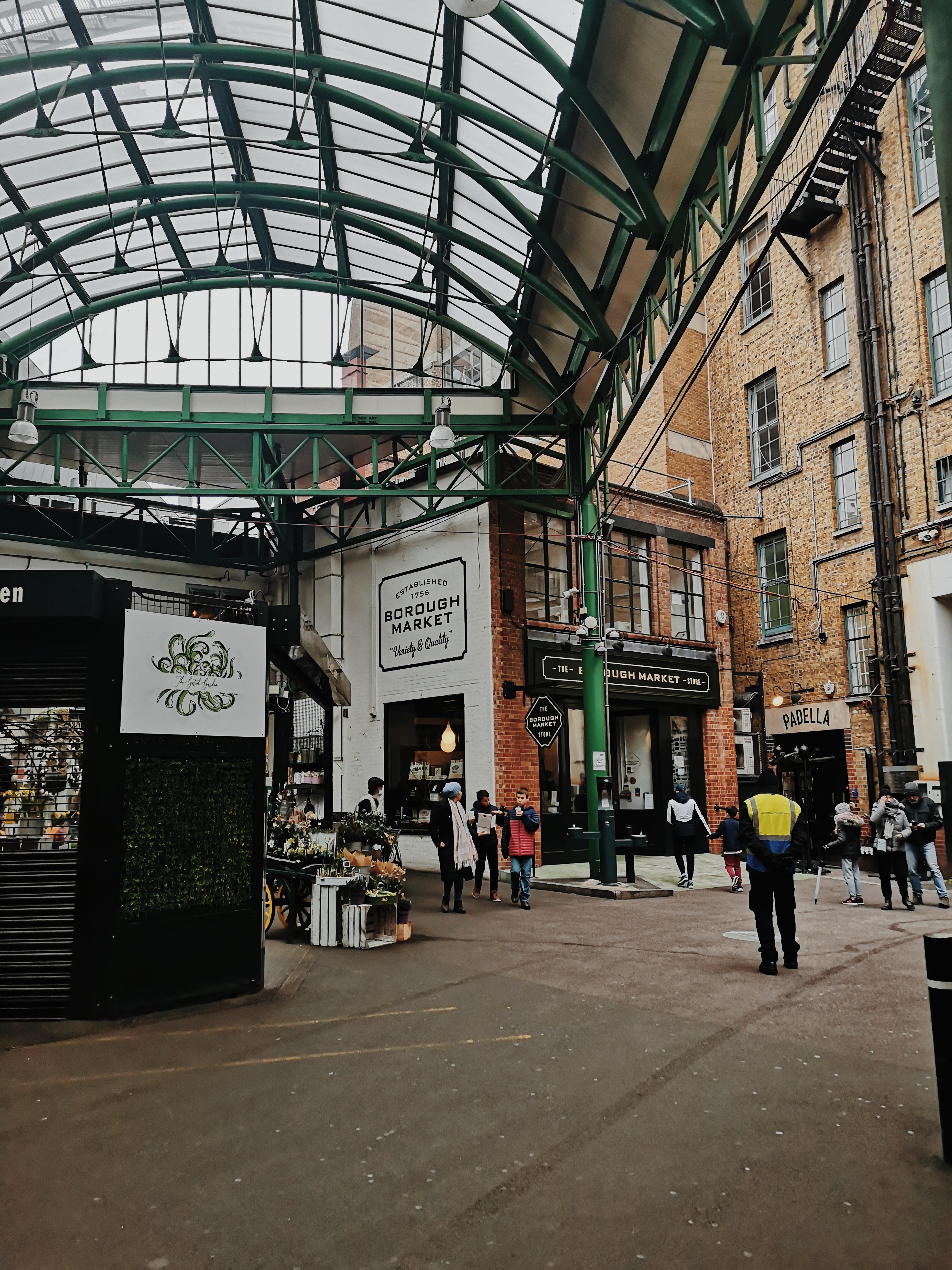 Borough Market building with green frame and a glass roof