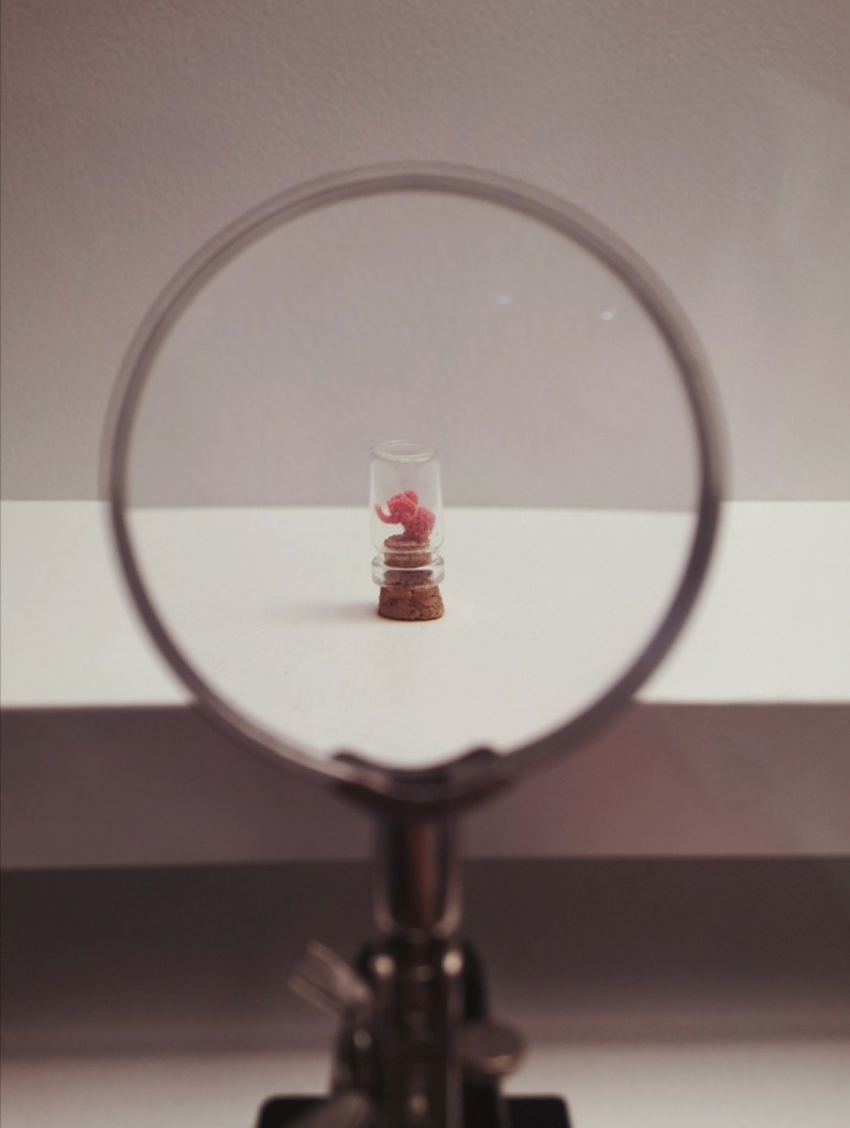 A very tiny wool sculpture of a pink elephant amplified by a magnifying glass