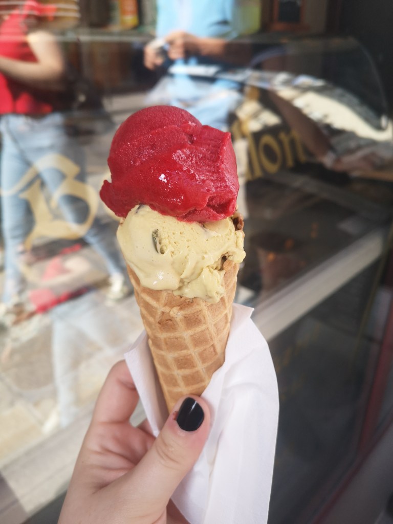 The best ice cream from Berthillon - a cone with a scoop of pistachio and raspberry