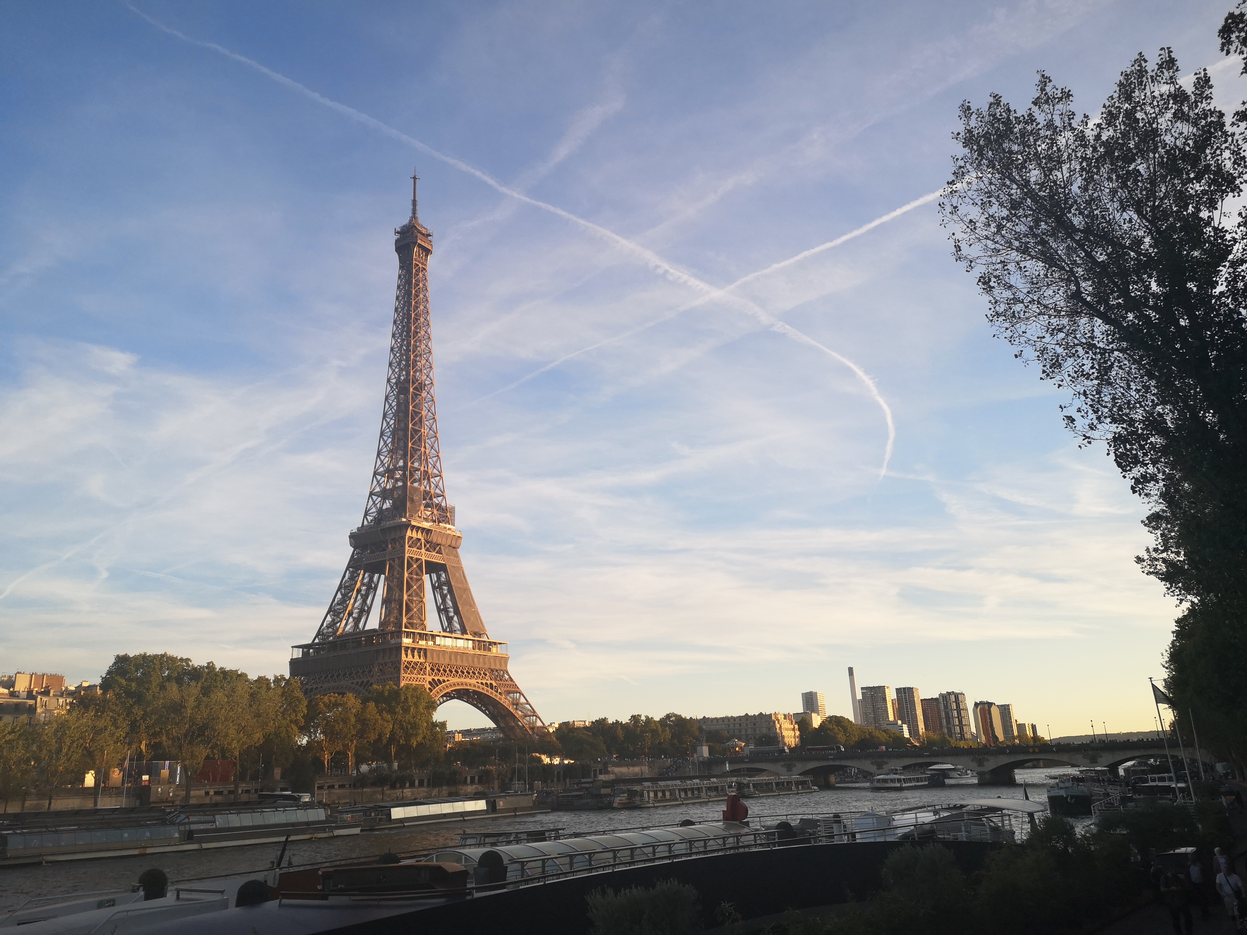 The Eiffel Tower shining in the golden hour sun in front of a blue sky