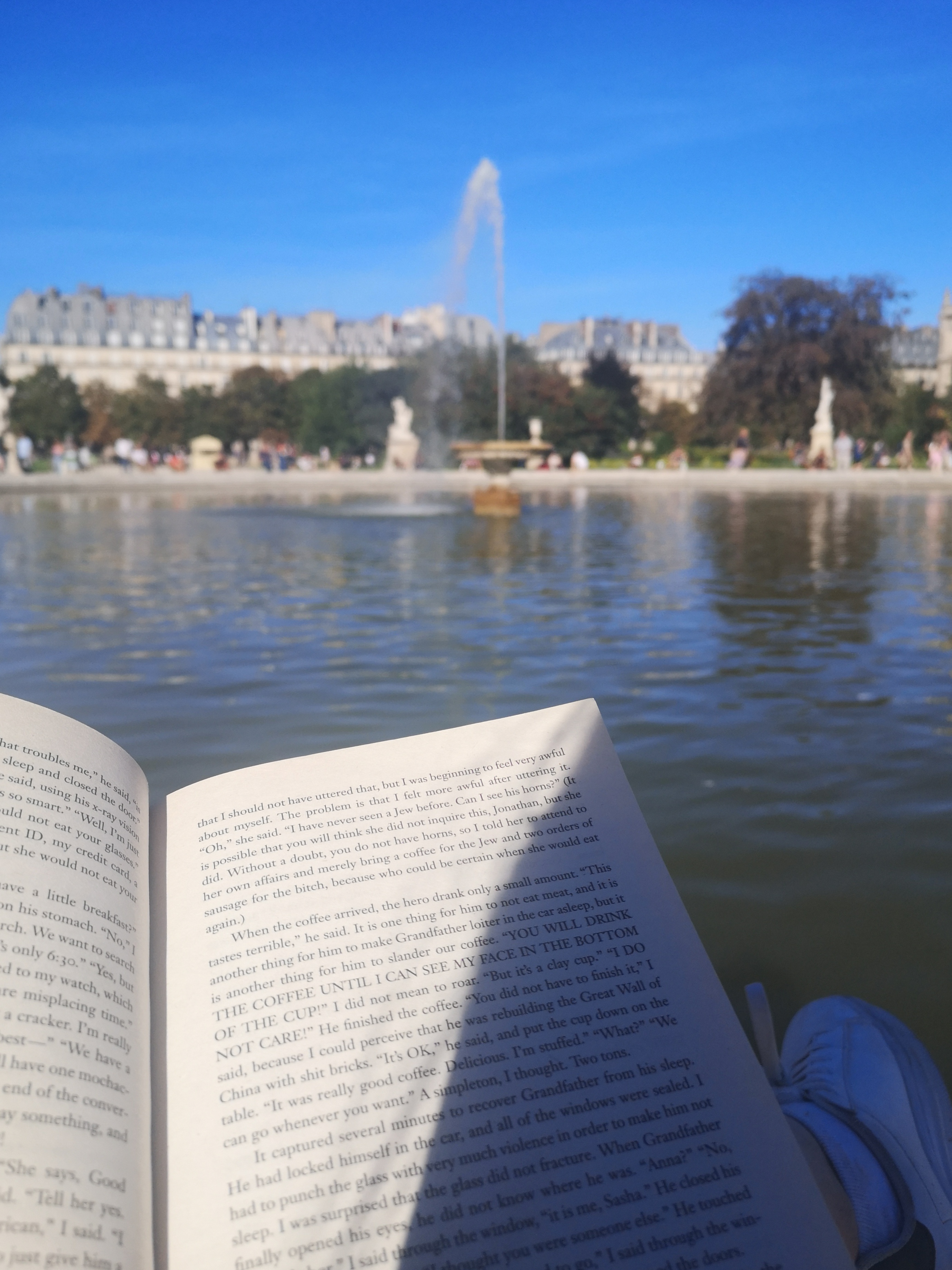 My book on my lap in front of a fountain in the Jardin des Tuileries