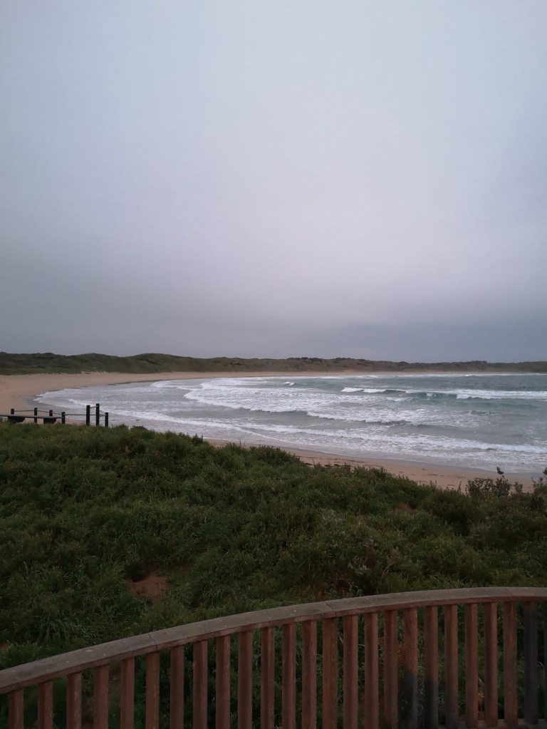 Waves coming in to a cold-looking beach