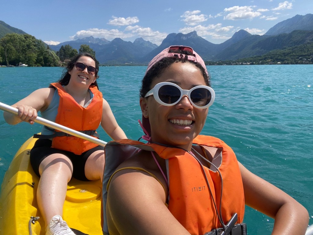 Danielle and I smile for a selfie while sitting on a kayak