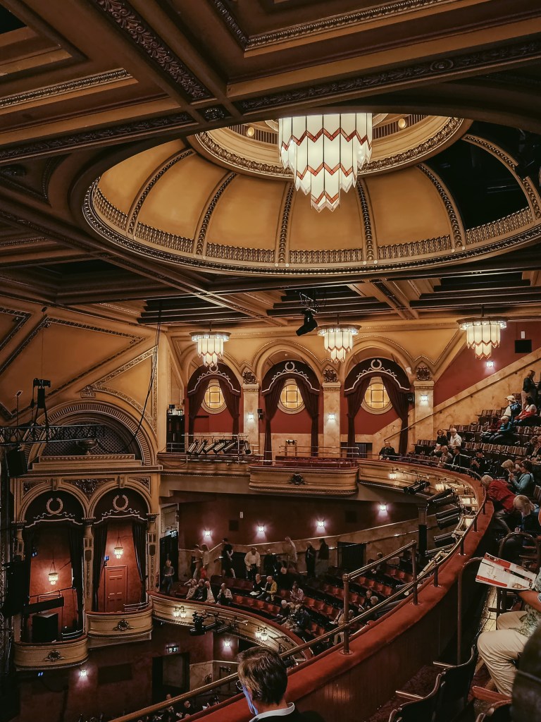 The grand ceiling, chandelier and balcony of the Festival Theatre