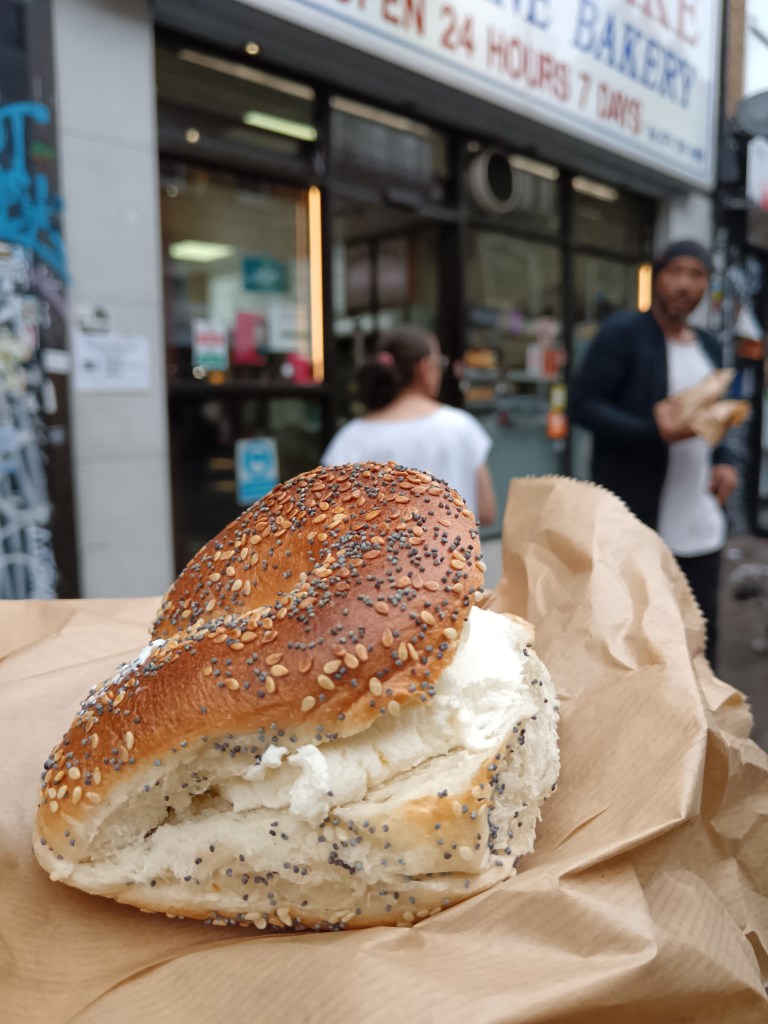 A cream cheese seeded bagel