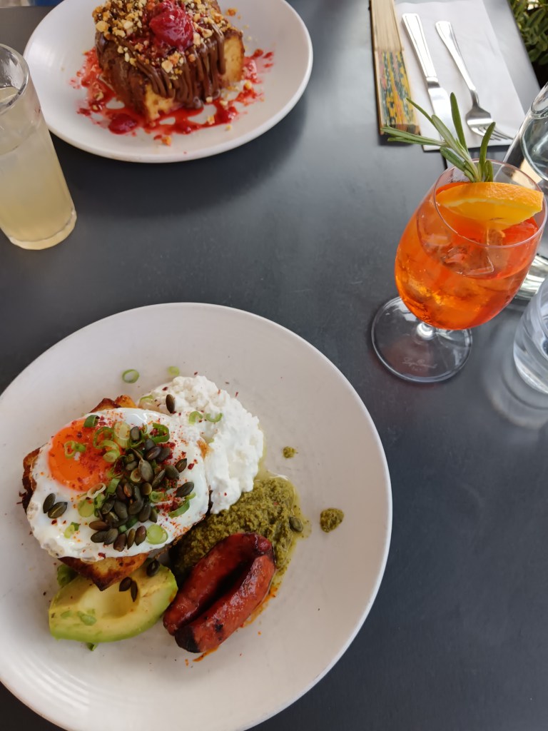 A brunch of eggs and french toast