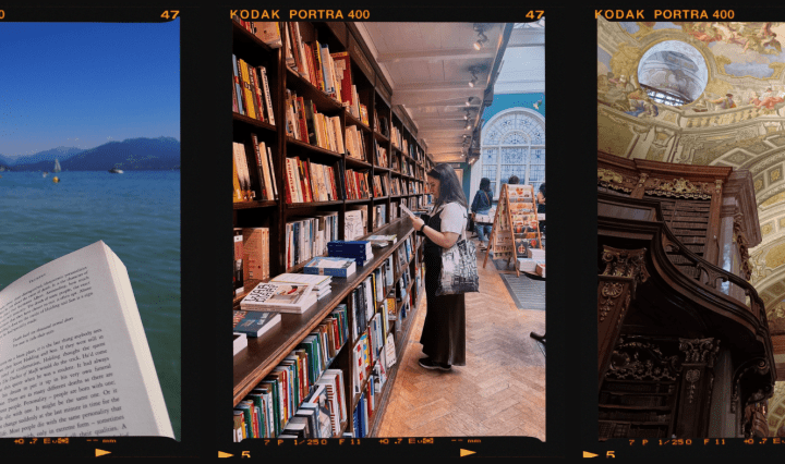 A collage of photos in polaroid frames, a book in front of a lake, me standing by a large bookshelf and the ceiling of a grand library