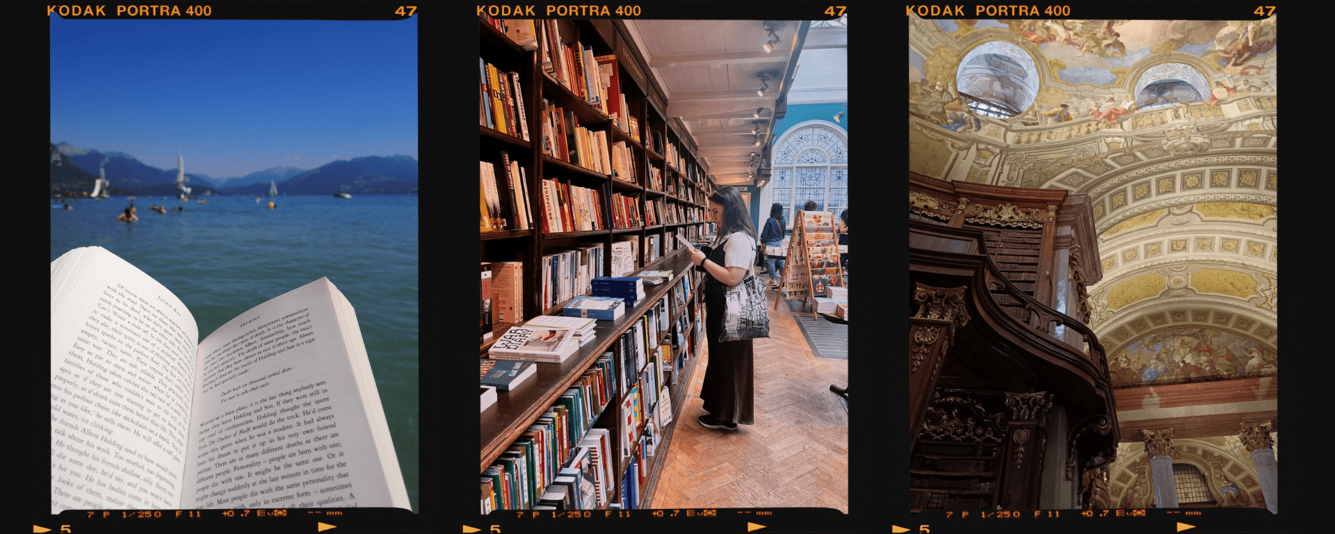 A collage of photos in polaroid frames, a book in front of a lake, me standing by a large bookshelf and the ceiling of a grand library