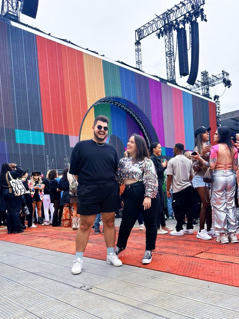 My friend and I pose in front of Beyonce's stage 