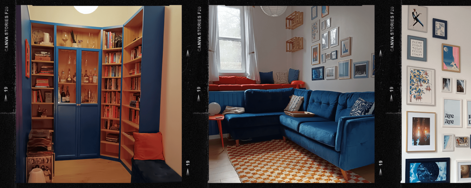Images of a pretty blue and orange living room
