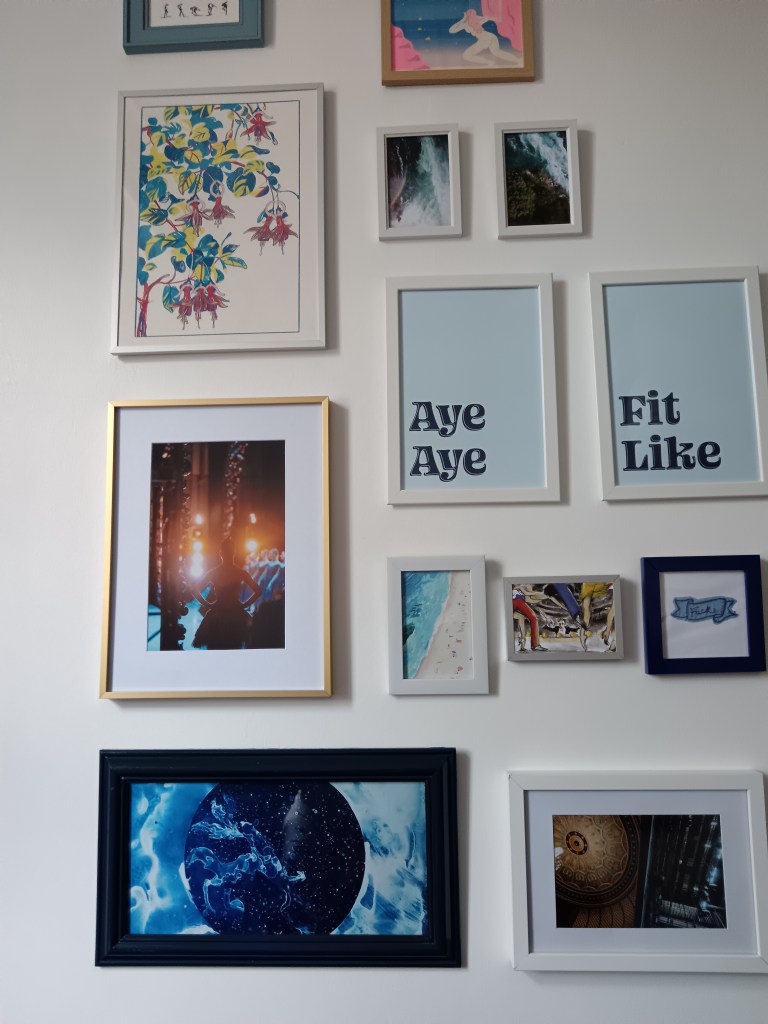 Close up of frames filled with photography aand illustrations