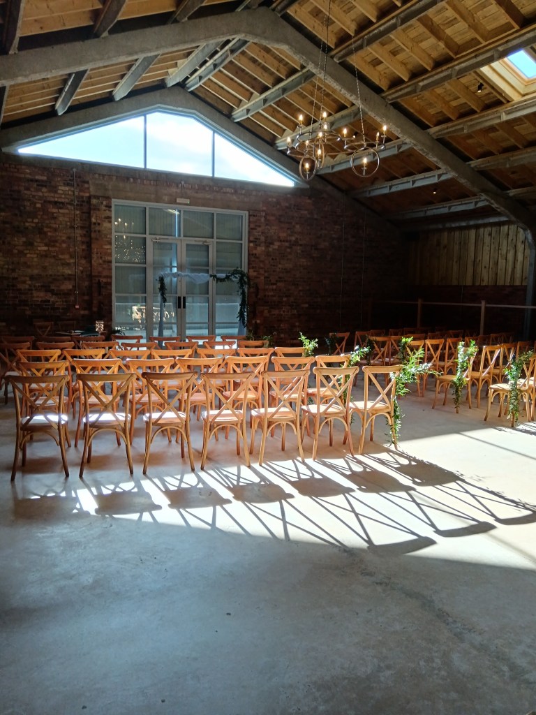 Rows of chairs glow in sunlight