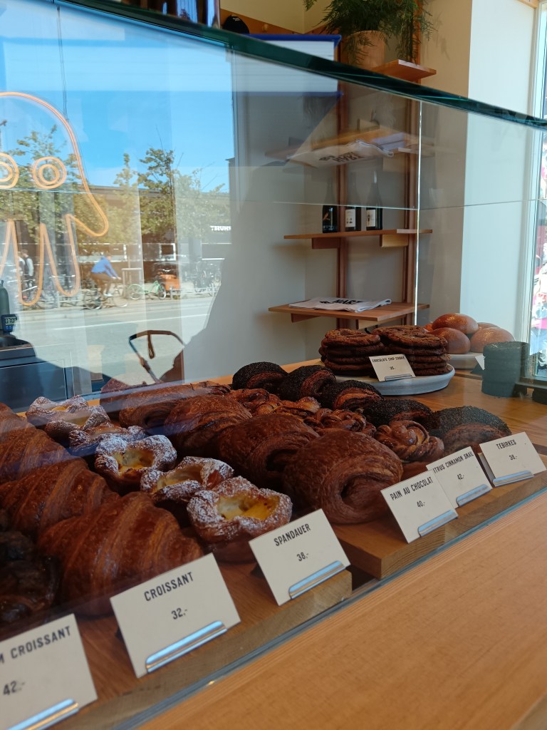 A case of pastries at the bakery