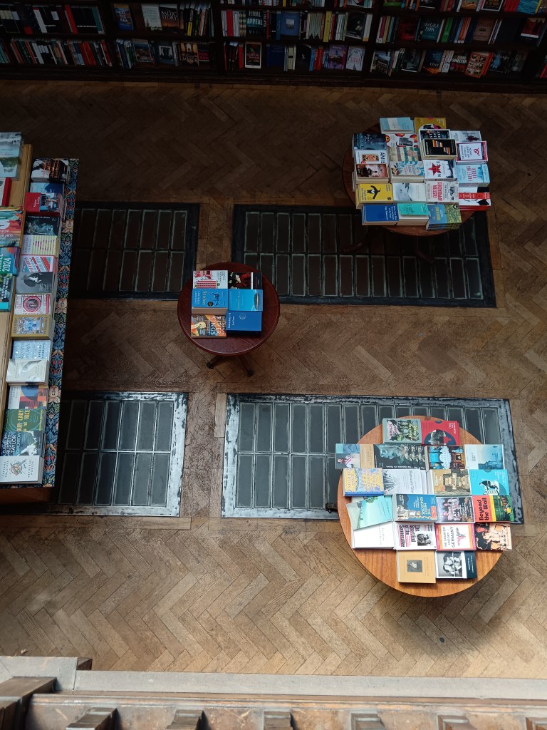 Overhead shot of bookshop tables