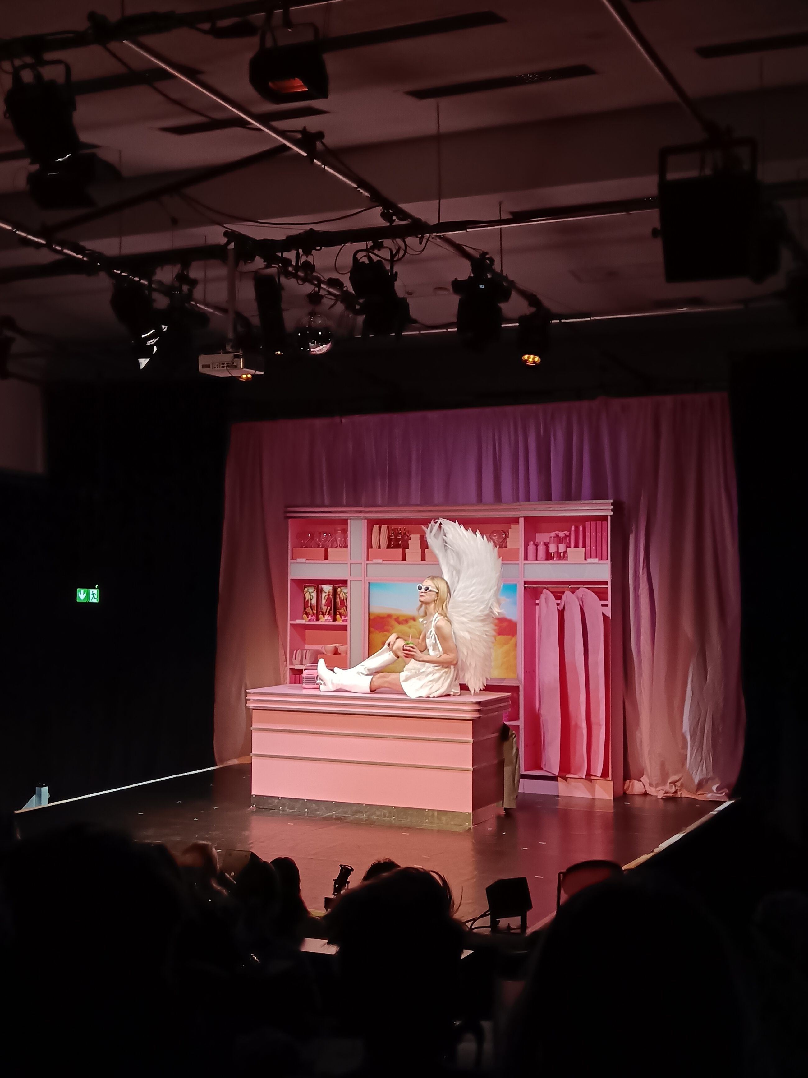 Dylan in angel wings sits on a pink table