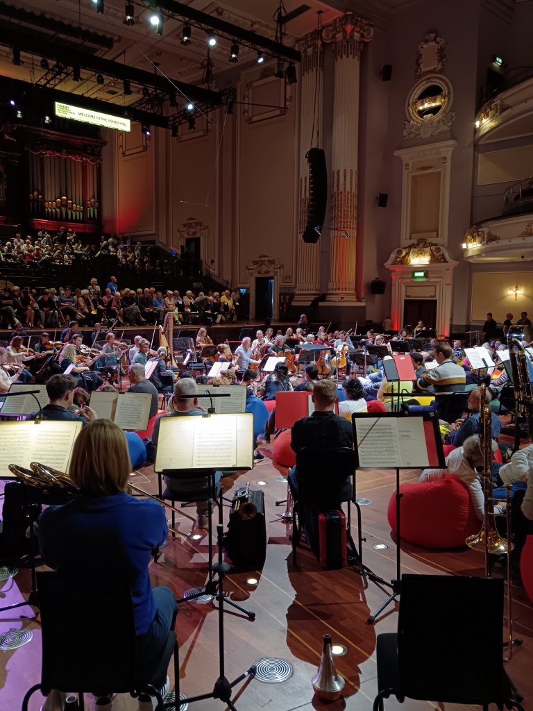An orchestra weaves between audience members on beanbags
