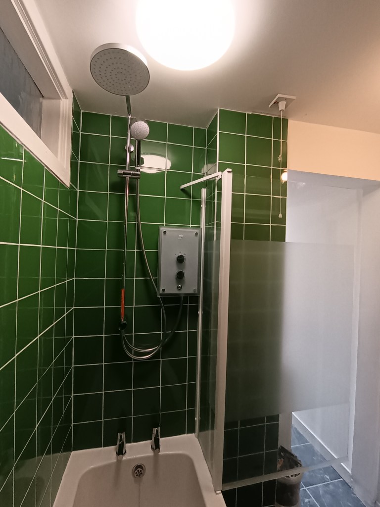 My beautiful shower with two heads surrounded by square green tiles