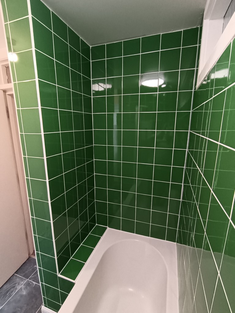 My bath area covered in beautiful green tiles