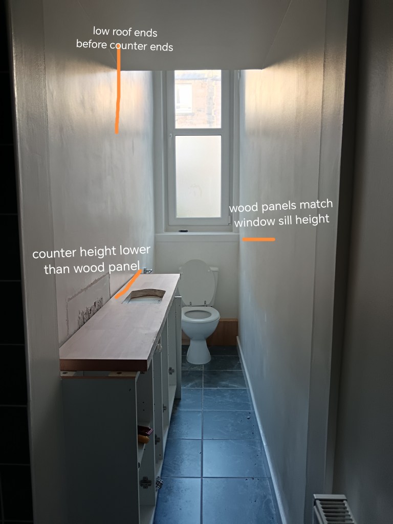 I look at my skinny bathroom and try to figure out placement of wood panels
