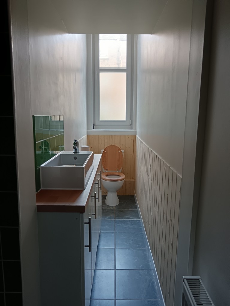The bathroom with the wood cladding added