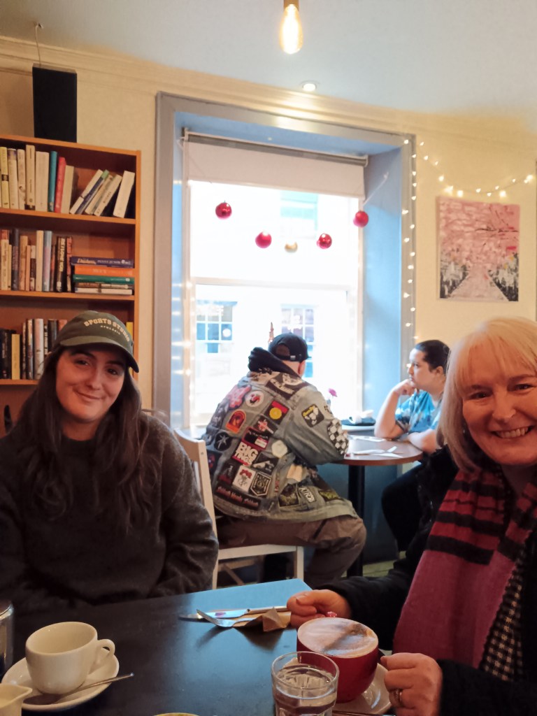 Mum and Claire in a cafe