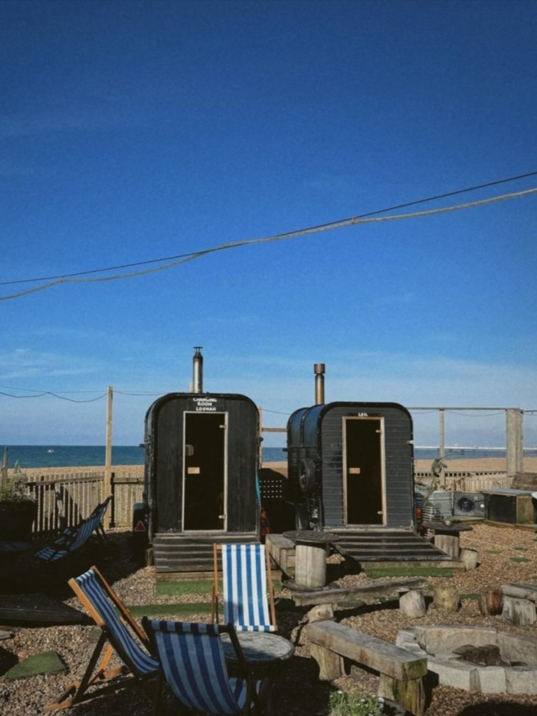 Little sauna pods on the beach
