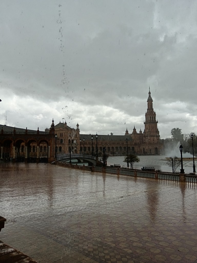 The plaza soaked in heavy rain
