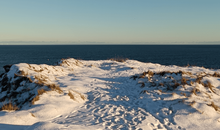 A snowy cliff edge overlooking the sea