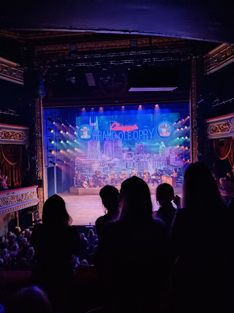 A standing ovation in a colourfully lit theatre