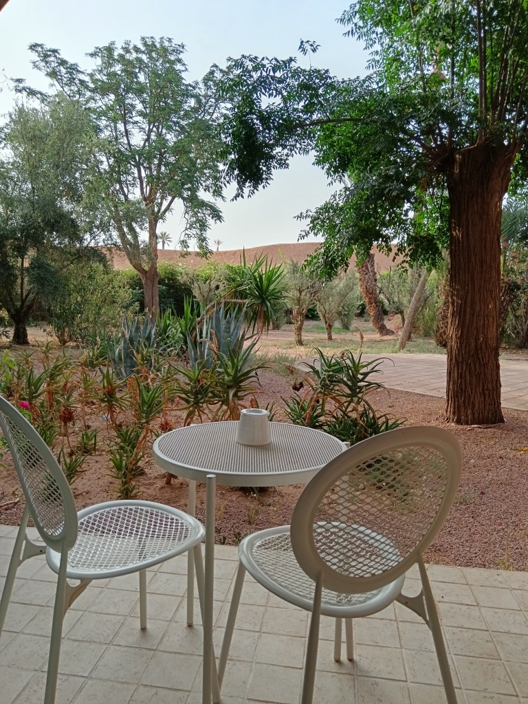 Patio furniture looking out over tropical plants and sand dunes