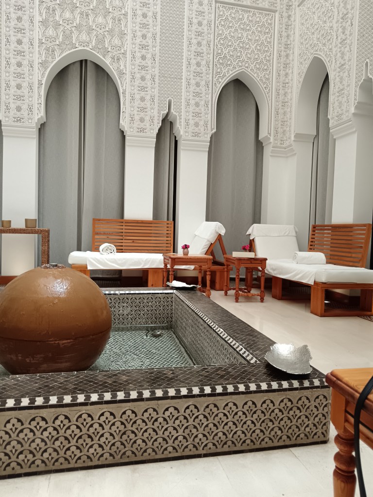 The ornately carved spa room