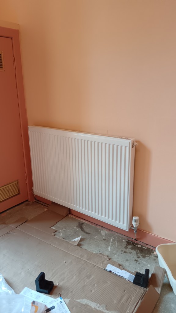 Cardboard and water on the ground after my shiny new radiator was installed