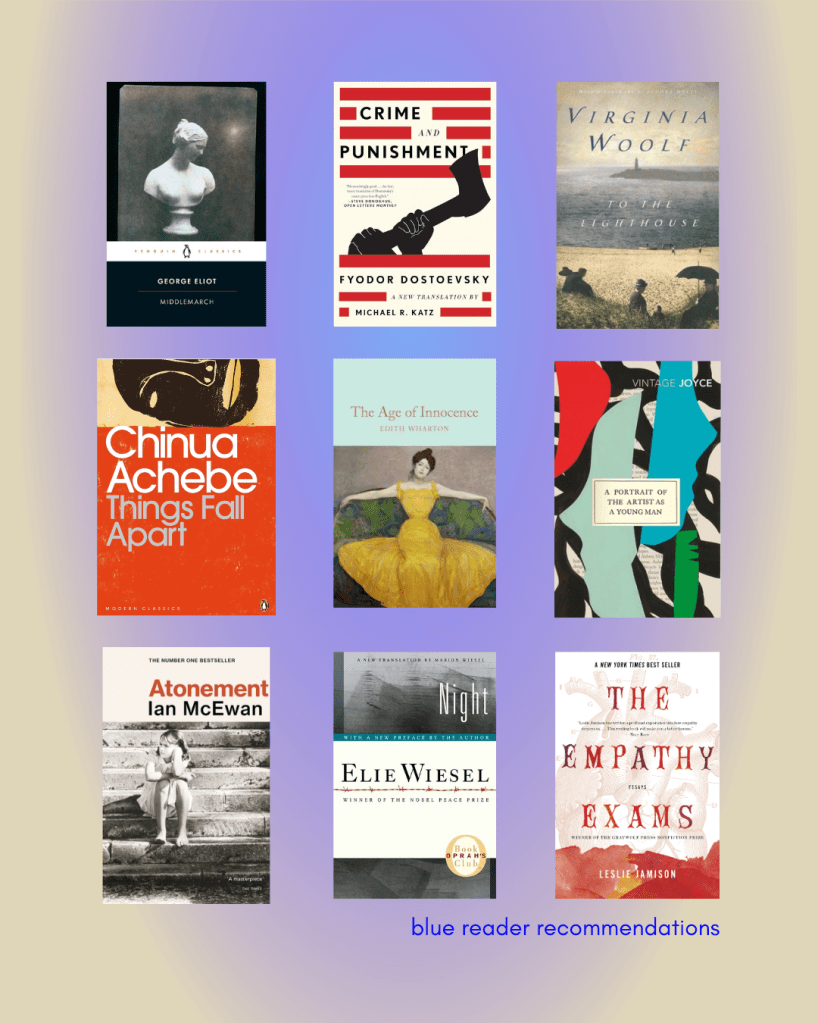 Middlemarch, Crime and Punishment, To the Lighthouse, Things Fall Apart, The Age of Innocence, A Portrait of the Artist as a Young Man, Atonement, Night, The Empathy Exams