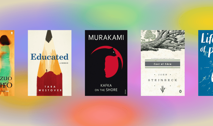 Book covers layered over colourful auras