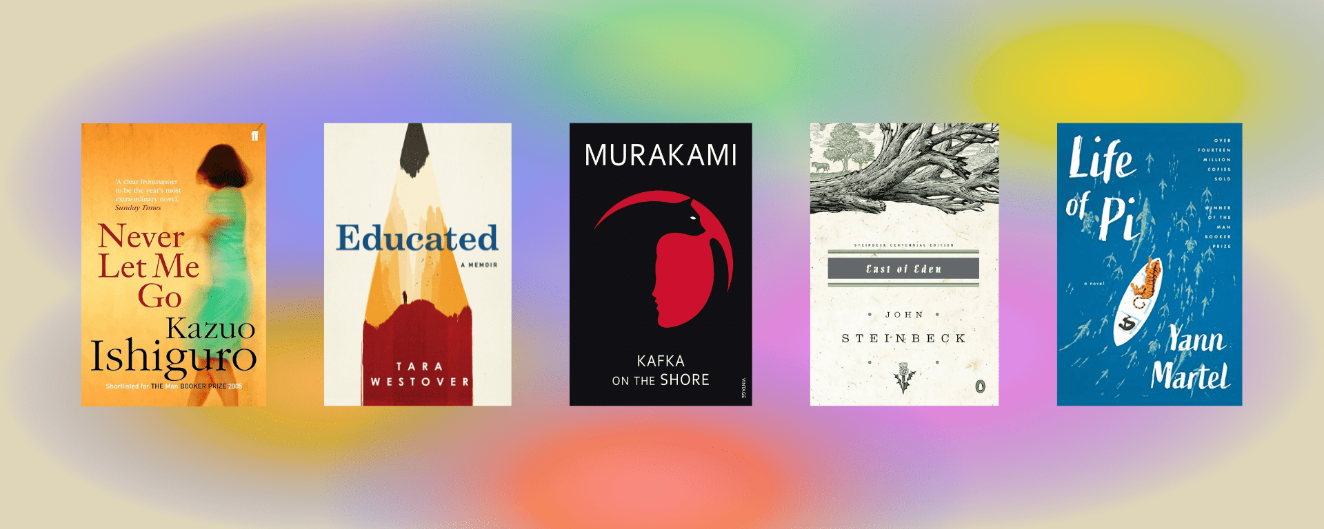 Book covers layered over colourful auras