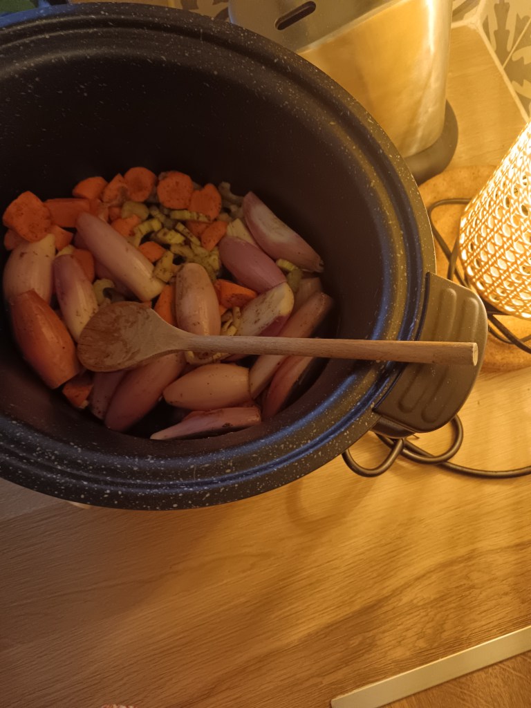 Carrots and onions sit in a slow cooker