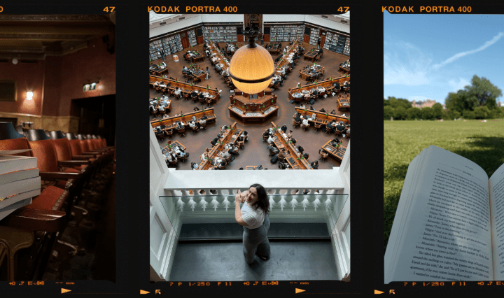 A trio of images with books sitting in a theatre auditorium, me smiling in a huge library and an open book being read in the park