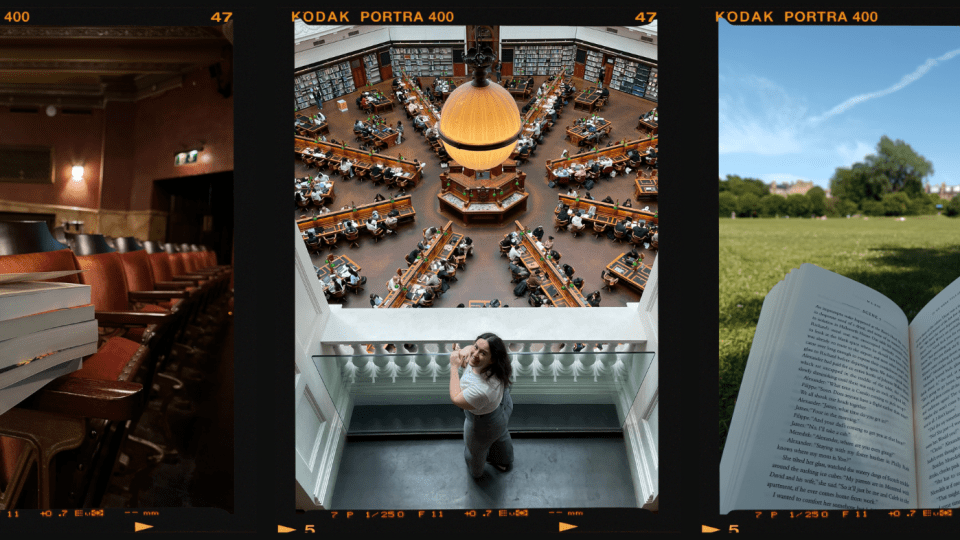 A trio of images with books sitting in a theatre auditorium, me smiling in a huge library and an open book being read in the park