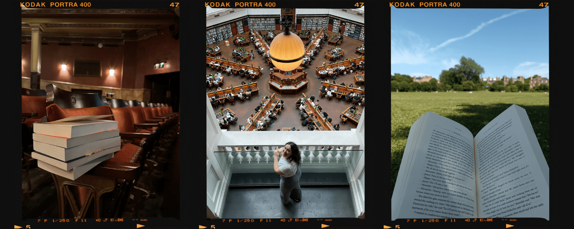A trio of images with books sitting in a theatre auditorium, me smiling in a huge library and an open book being read in the park