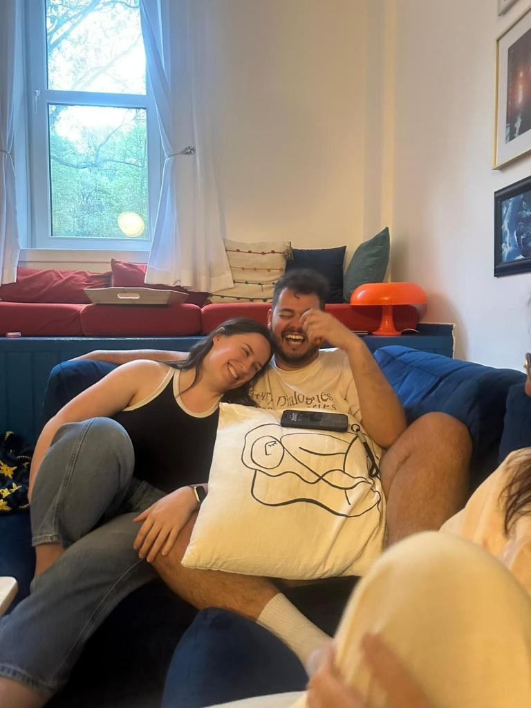 Bruno and I giggle on the sofa