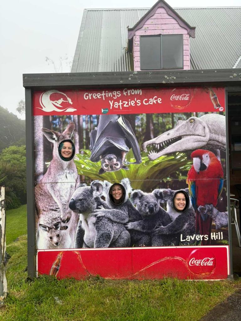 We smile in a cardboard cut out that puts our faces on koalas