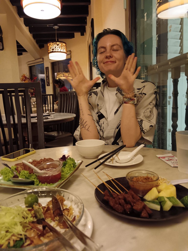 Ejay looks happy to be eating our vegetarian spread