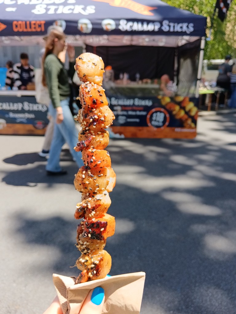 Barbecued scallops on a stick
