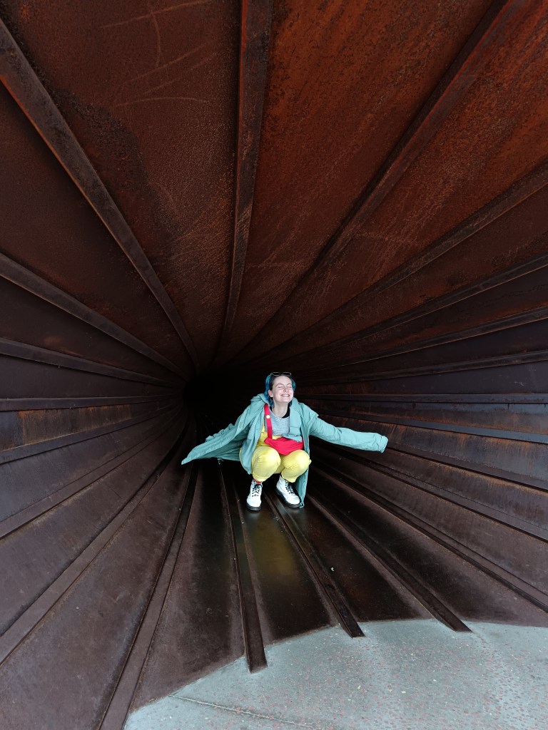 Enjoy crouches in a metal tunnel
