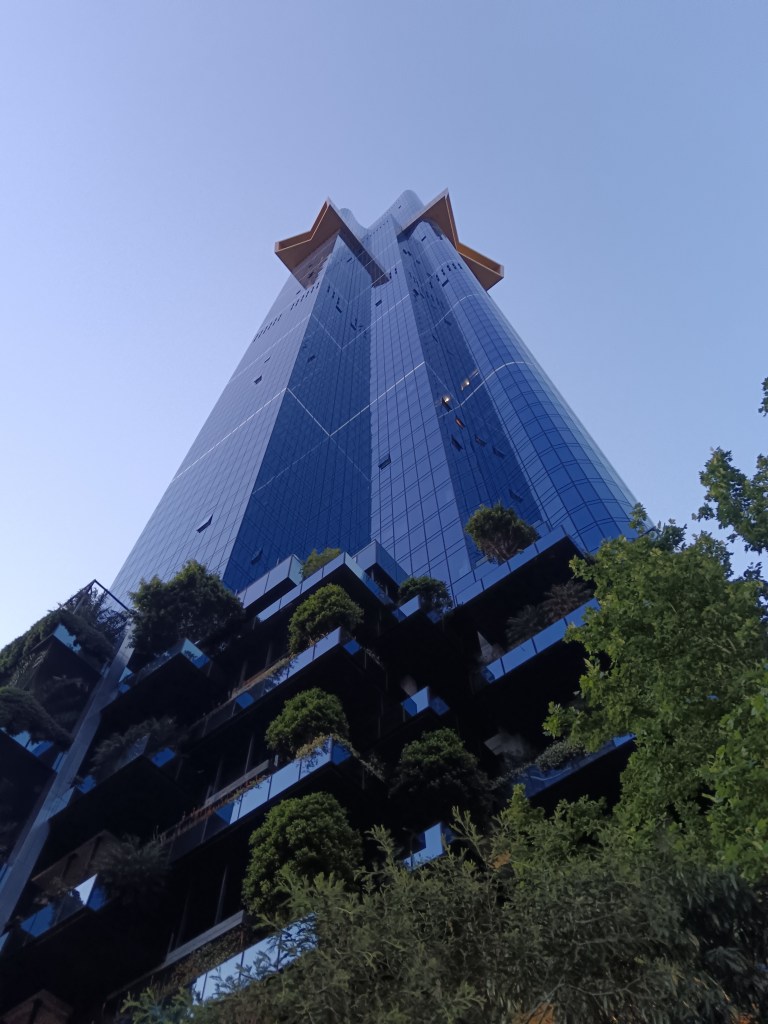 A grand skyscraper from below